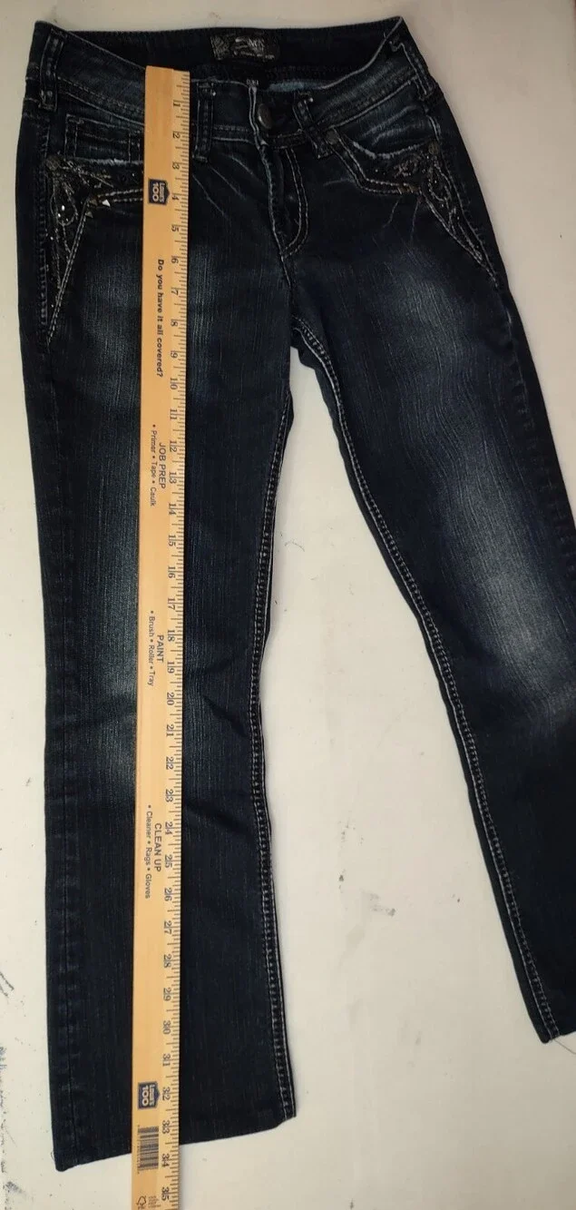 Silver Jeans Women 26x27 Suki 17 Low Rise Embellished Whiskered Faded Fancy READ